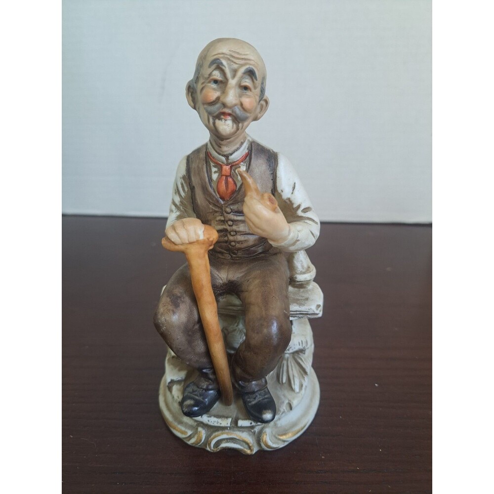 Vintage Bisque Elderly Man Sitting On Bench With Pipe Figurine
